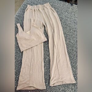 Klassy Network beige wide-leg sweatpants and matching v-neck crop top